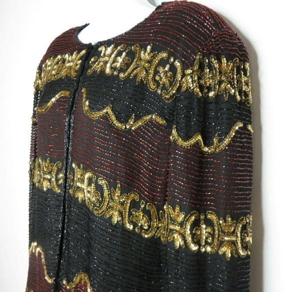 Lawrence Kazar Vintage Beaded Sequined Black Gold Red Silk Blazer Jacket Size M - Picture 7 of 10
